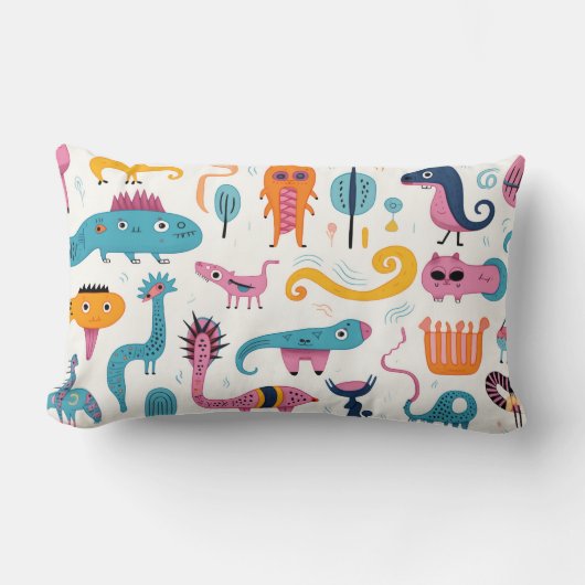Farbenfrohe Fantasiewesen auf weiß Lendenkissen (Vorderseite)