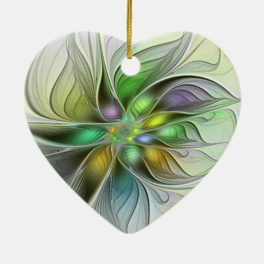 Farbenfrohe Fantasy Blume Abstraktes Fraktal Herzs Keramik Ornament (Hinten)