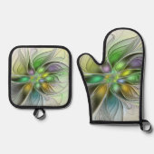 Farbenfrohe Fantasy-Blume Modernes Abstraktes Frak Ofenhandschuh & Topflappen-Set (Vorderseite)