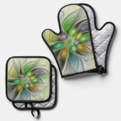 Farbenfrohe Fantasy-Blume Modernes Abstraktes Frak Ofenhandschuh & Topflappen-Set (Vorderseite/Rückseite)