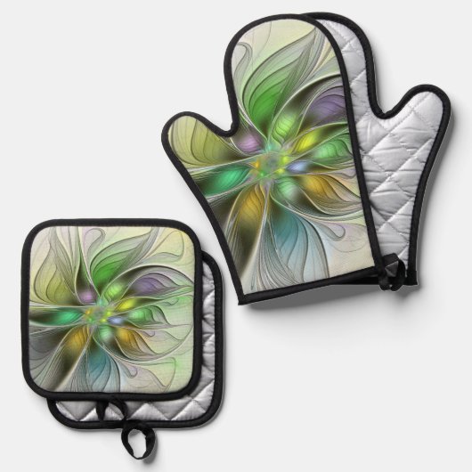 Farbenfrohe Fantasy-Blume Modernes Abstraktes Frak Ofenhandschuh & Topflappen-Set (Vorderseite/Rückseite)