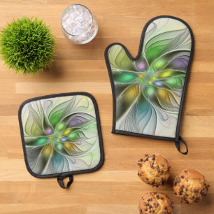 Farbenfrohe Fantasy-Blume Modernes Abstraktes Frak Ofenhandschuh & Topflappen-Set