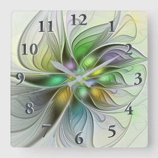 Farbenfrohe Fantasy-Blume Modernes Abstraktes Frak Quadratische Wanduhr (Vorderseite)