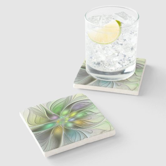 Farbenfrohe Fantasy-Blume Modernes Abstraktes Frak Steinuntersetzer (Seitenansicht)