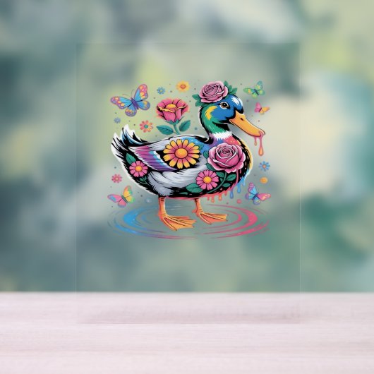 Farbenfrohe Fantasy-Duck mit Blume und Schmetterli Acrylschild (Neutral)