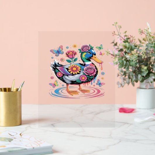 Farbenfrohe Fantasy-Duck mit Blume und Schmetterli Acrylschild (Hochzeit)