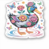 Farbenfrohe Fantasy-Duck mit Blume und Schmetterli Aufkleber (Vorderseite)