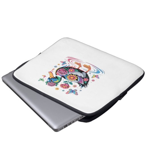 Farbenfrohe Fantasy-Duck mit Blume und Schmetterli Laptopschutzhülle (Vorne Knopf)