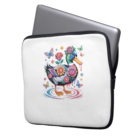 Farbenfrohe Fantasy-Duck mit Blume und Schmetterli Laptopschutzhülle (Vorderseite Links)