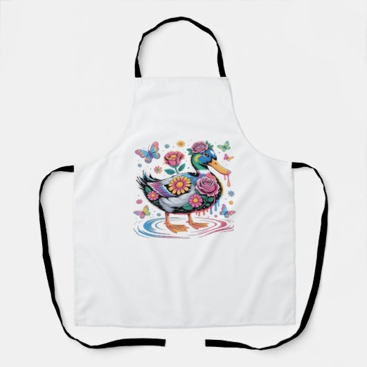 Farbenfrohe Fantasy-Duck mit Blume und Schmetterli Schürze (Vorderseite)