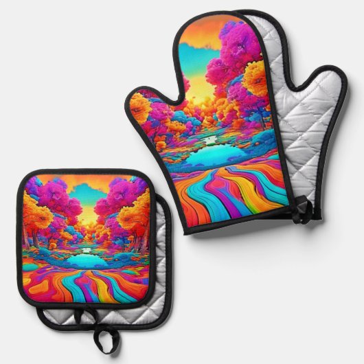 Farbenfrohe Fantasy Landschaft Ofenhandschuh & Topflappen-Set (Vorderseite/Rückseite)