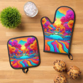 Farbenfrohe Fantasy Landschaft Ofenhandschuh & Topflappen-Set (Oben Unten)