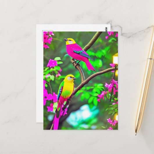 Farbenfrohe Fantasy-Vögel Postkarte (Vorderseite/Rückseite Beispiel)