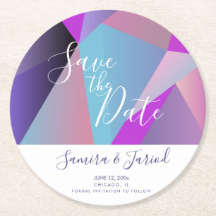 Farbenfrohe Farbblock-Lila Save-the-Date-Notiz Runder Pappuntersetzer