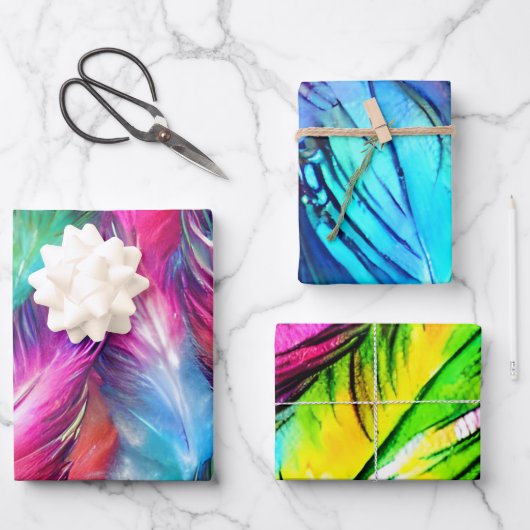 Farbenfrohe Feather Matching Mix Geschenkpapier Set (Vorderseite)