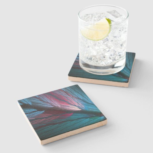 Farbenfrohe Featherie Fraktal Square Stone Unterse Steinuntersetzer (Seitenansicht)