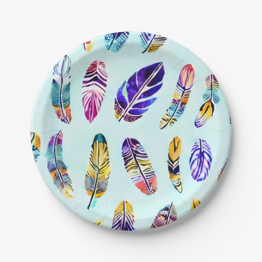 Farbenfrohe Federmuster Pappteller (Vorderseite)