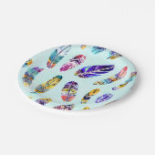 Farbenfrohe Federmuster Pappteller (Schrägansicht)