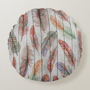 Farbenfrohe Federn, Aquarell Nahtlos Design. Rundes Kissen