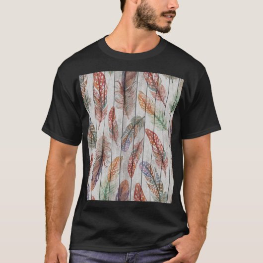 Farbenfrohe Federn, Aquarell Nahtlos Design. T-Shirt (Vorderseite)