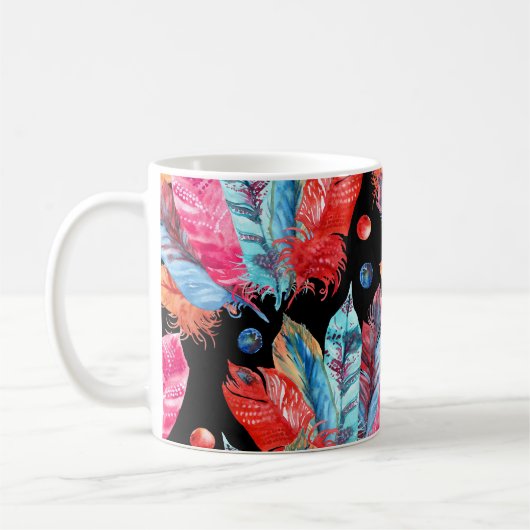 Farbenfrohe Federn, boho, nahtlos, lebendig. Kaffeetasse (Links)