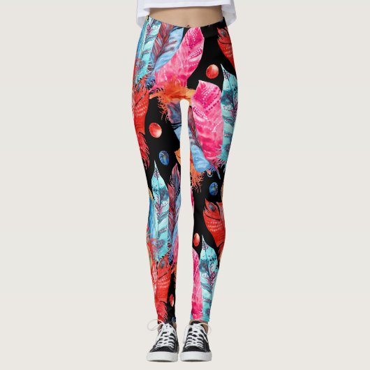Farbenfrohe Federn, boho, nahtlos, lebendig. Leggings (Vorderseite)