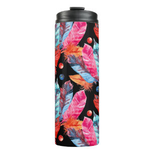 Farbenfrohe Federn, boho, nahtlos, lebendig. Thermosbecher