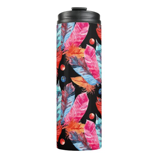 Farbenfrohe Federn, boho, nahtlos, lebendig. Thermosbecher (Vorderseite)
