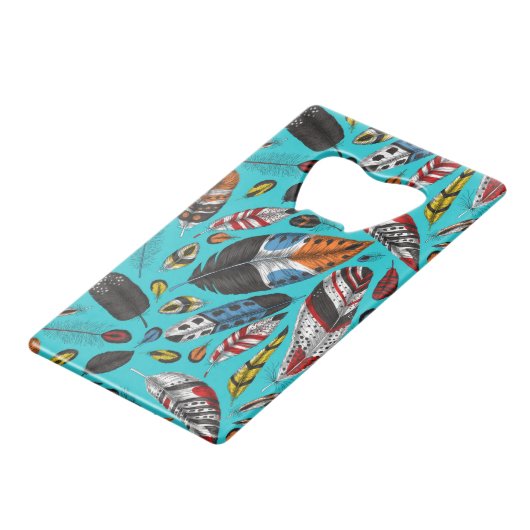 Farbenfrohe Federn Geldbeutel Flaschenöffner (Vorderseite Schrägansicht)