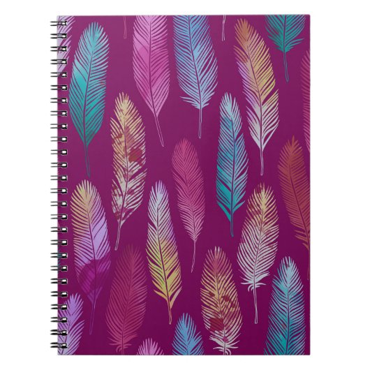 Farbenfrohe Federn: lila Hintergrundmuster. Notizblock (Vorderseite)
