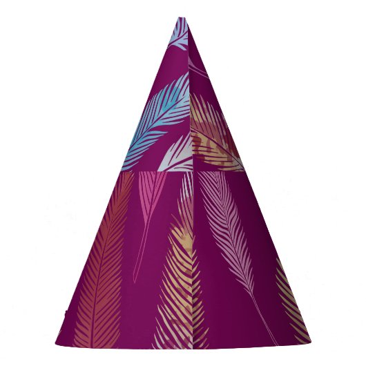 Farbenfrohe Federn: lila Hintergrundmuster. Partyhütchen (Rückseite)