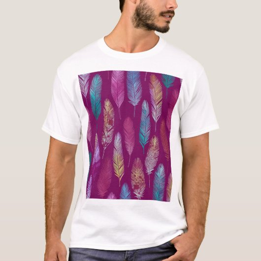 Farbenfrohe Federn: lila Hintergrundmuster. T-Shirt (Vorderseite)