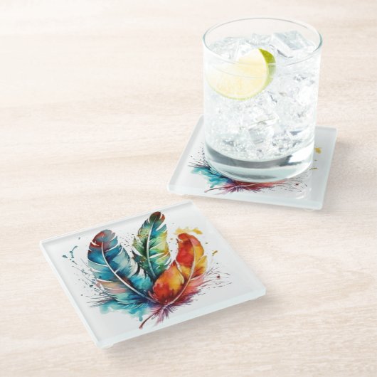 Farbenfrohe Federn Ureinwohner Amerikanische Wasse Glasuntersetzer (Schrägansicht)