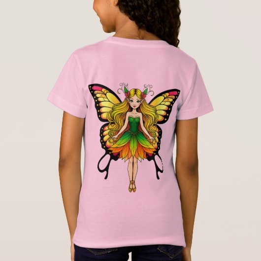 Farbenfrohe Fee mit lebhaften Schmetterlingsflügel T-Shirt (Rückseite)