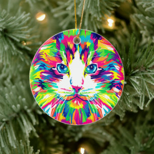 Farbenfrohe Feline Bliss: Whiskers of Joy Keramik Ornament