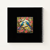 Farbenfrohe, festgeklemmte Glasvögel auf blühenden Notizblock (Rückseite)