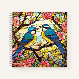 Farbenfrohe, festgeklemmte Glasvögel auf blühenden Notizblock