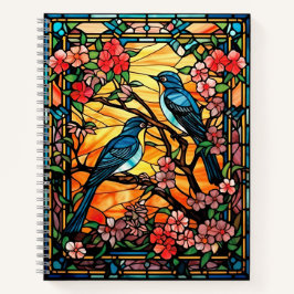 Farbenfrohe, festgeklemmte Glasvögel auf blühenden Notizblock