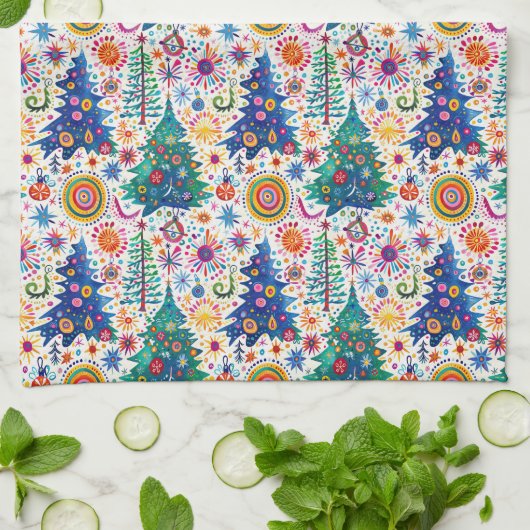 Farbenfrohe, festliche Baumstruktur Geschirrtuch (Gefaltet)