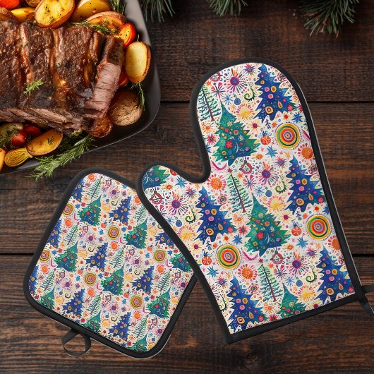 Farbenfrohe, festliche Baumstruktur Ofenhandschuh & Topflappen-Set
