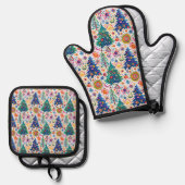 Farbenfrohe, festliche Baumstruktur Ofenhandschuh & Topflappen-Set (Vorderseite/Rückseite)