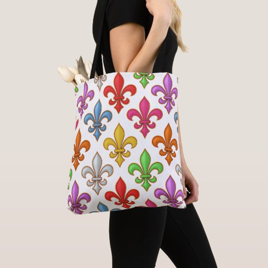 Farbenfrohe Fette Fleur-de-lis-Blumen Weiß Tasche (Von Nahem)