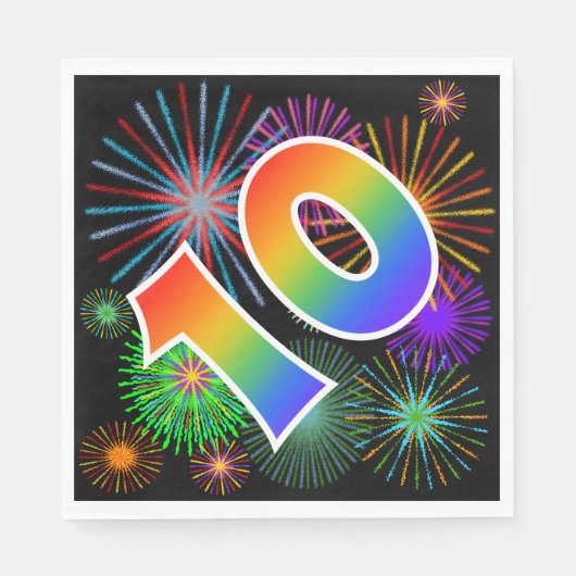 Farbenfrohe Feuerwerke + Regenbogenmuster "10" Ere Serviette (Vorderseite)