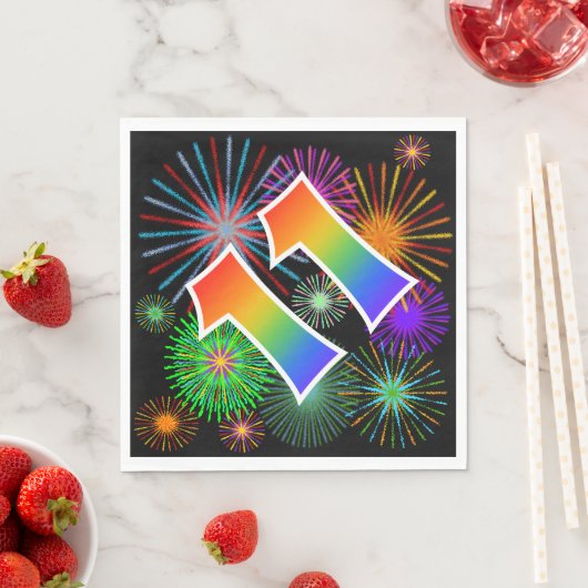 Farbenfrohe Feuerwerke + Regenbogenmuster "11" Ere Serviette (Beispiel)