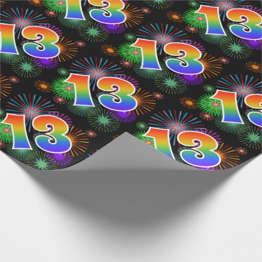 Farbenfrohe Feuerwerke + Regenbogenmuster "13" Ere Geschenkpapier (Ecke)