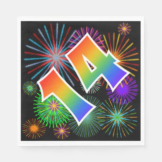 Farbenfrohe Feuerwerke + Regenbogenmuster "14" Ere Serviette (Vorderseite)