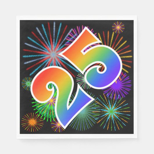 Farbenfrohe Feuerwerke + Regenbogenmuster "25" Eve Serviette (Vorderseite)