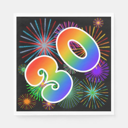 Farbenfrohe Feuerwerke + Regenbogenmuster "30" Ere Serviette (Vorderseite)