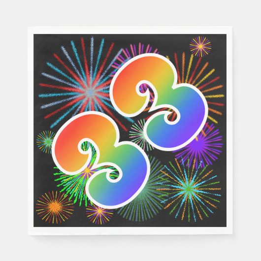 Farbenfrohe Feuerwerke + Regenbogenmuster "33" Ere Serviette (Vorderseite)