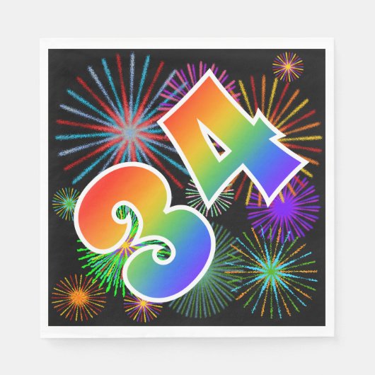 Farbenfrohe Feuerwerke + Regenbogenmuster "34" Ere Serviette (Vorderseite)